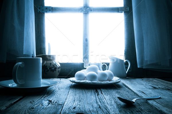 Stock photo: Old kitchen table rural cottage morning