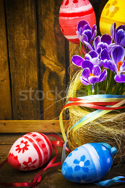 Art easter background with fence, eggs, spring flowers, blank ca Stock photo © fotoaloja