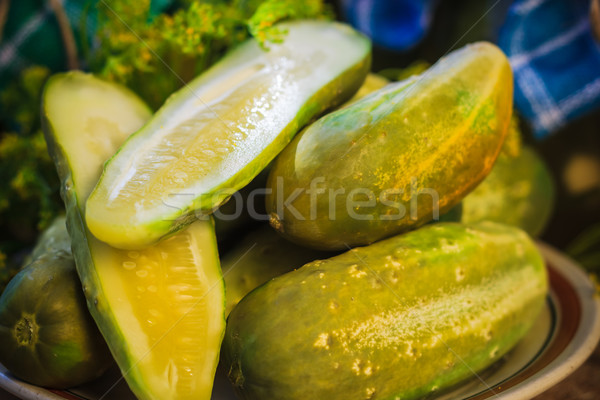 Stockfoto: Gehakt · komkommers · plaat · tabel · boerderij