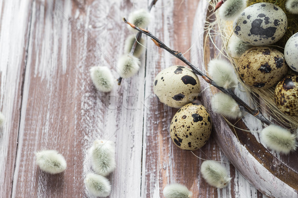 Easter background quail eggs catkins wooden table Stock photo © fotoaloja