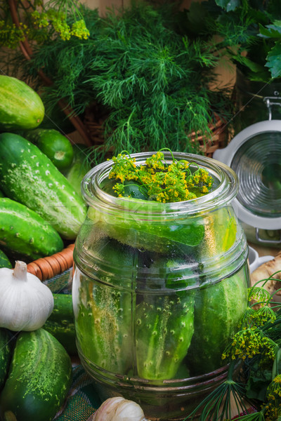 Jar ogórki konserwowe inny składniki gospodarstwa rynku Zdjęcia stock © fotoaloja
