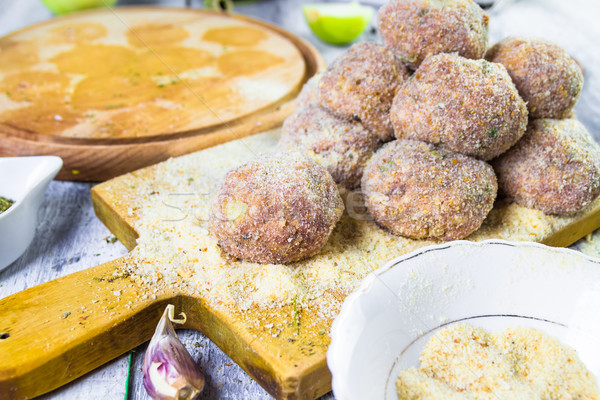 Raw meat balls minced beef rolled breadcrumbs Stock photo © fotoaloja