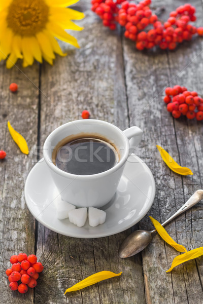 Stock photo: coffee cup black wooden board brown rowan sunflower white