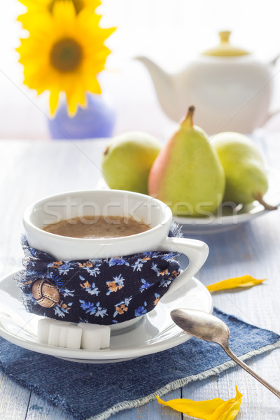 coffee cup black wooden board brown white jug milk sunflower pea Stock photo © fotoaloja