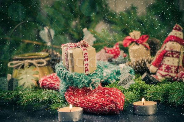 Christmas handmade sock Mascot tree decorations pine needles Stock photo © fotoaloja