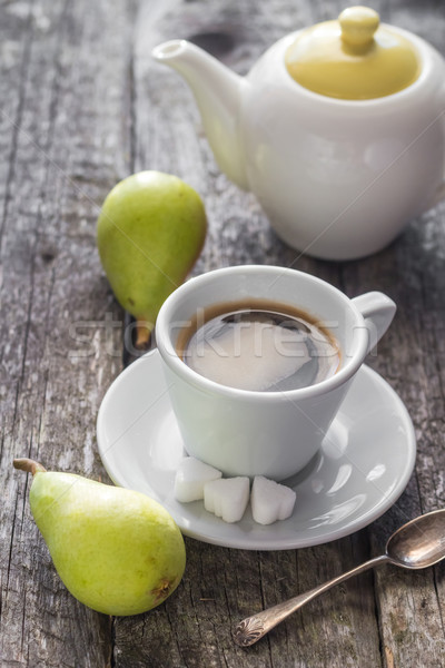 coffee cup black wooden board brown pears white jug Stock photo © fotoaloja