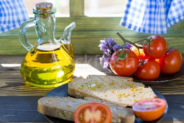 Foto stock: Pan · tomate · petróleo · alimentos · ventana · cena