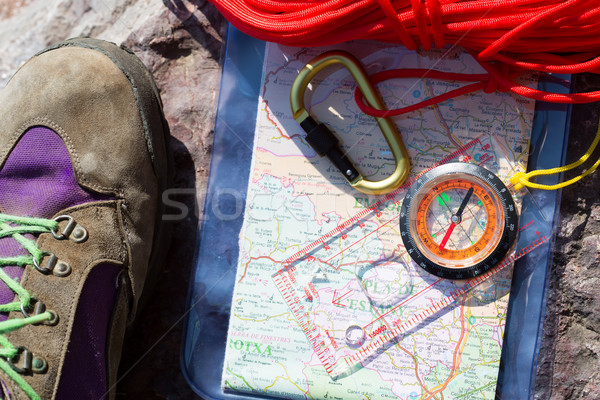 Foto stock: Montanha · sair · mapa · bússola · cordas