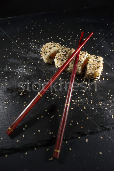 Sushi Gericht Essstäbchen Präsentation Platte schwarz Stock foto © Fotografiche