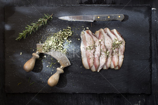 Zout varkensvlees wangen presentatie gezouten spek Stockfoto © Fotografiche