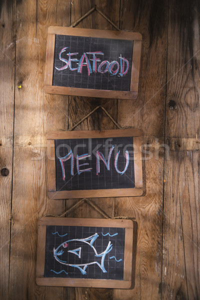 Foto stock: Assinar · frutos · do · mar · publicidade · menu · restaurante
