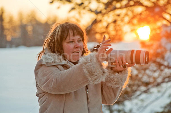 カメラマン 日没 幸せ 女性 ツリー ストックフォト © fotorobs