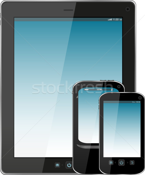 Set of mobile electronic technics. smart phone and tablet pc with blue screen Stock photo © fotoscool