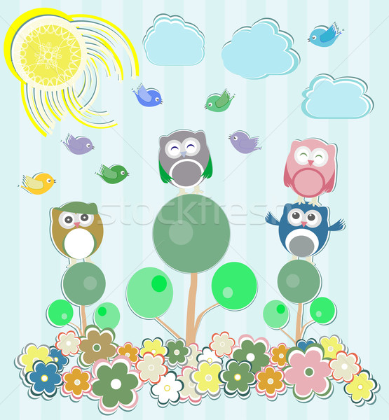Background with flowers and owls sitting on the tree Stock photo © fotoscool