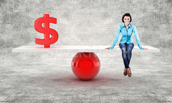 Meisje schalen dollar symbool show evenwicht Stockfoto © FotoVika