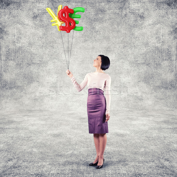 Foto stock: Menina · balões · forma · dinheiro · negócio · mulher