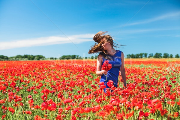 Foto stock: Menina · beautiful · girl · vermelho · campo · flor