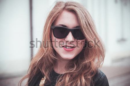 Menina preto óculos beautiful girl jaqueta de couro mulher Foto stock © FotoVika