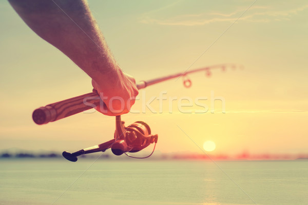 Vissen hand mooie hemel water zon Stockfoto © FotoVika
