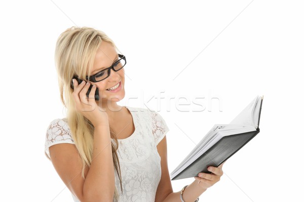 [[stock_photo]]: Joli · blond · parler · téléphone · portable · belle · jeunes