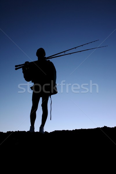 Fischer Angler Silhouette Fischerei Sport Sonnenuntergang Stock foto © fouroaks