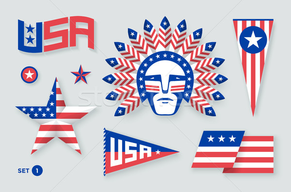 Set of USA symbols and design elements for Independence Day. White, red, blue colors. Vector Illustr Stock photo © FoxysGraphic