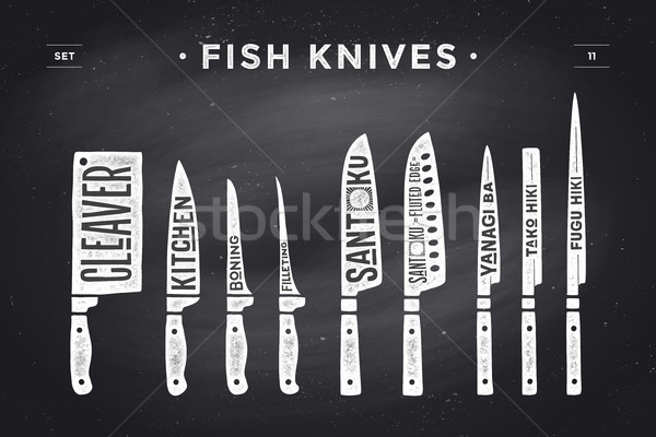 FIsh cutting knives set. Poster Butcher diagram and scheme Stock photo © FoxysGraphic