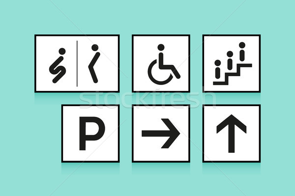 Stock photo: Set of navigation signs. Icons toilet or WC, arrow and escalator on white background. Vector illustr