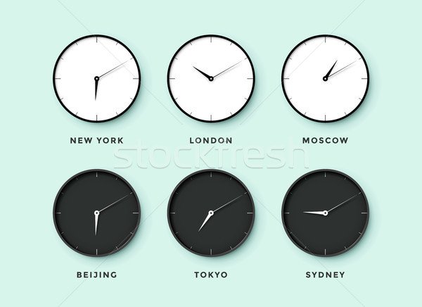 Set of day and night clock for time zones different cities Stock photo © FoxysGraphic