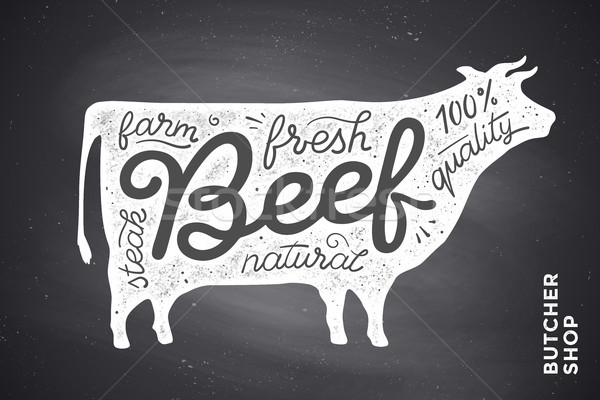 Stock photo: Poster with red cow silhouette. Lettering