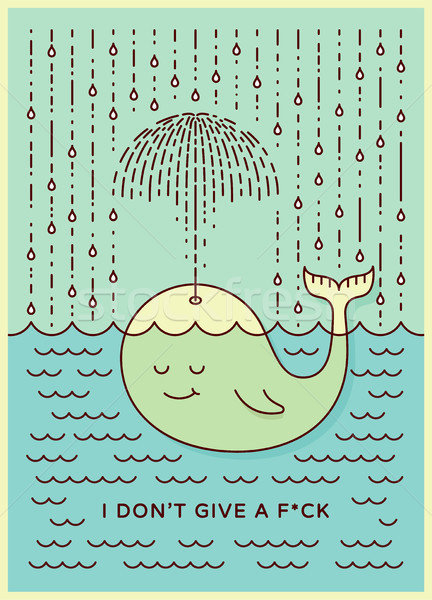 Postcard with cute careless whale baby swimming in the sea under rain making umbrella out of his fou Stock photo © FoxysGraphic