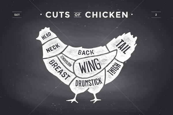 Cut of meat set. Poster Butcher diagram and scheme - Chicken. Vintage typographic hand-drawn. Vector Stock photo © FoxysGraphic