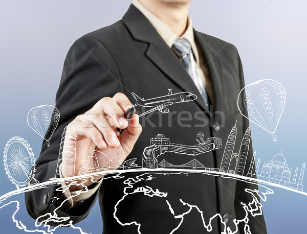 Foto stock: Empresario · mano · dibujo · sueno · viaje · alrededor