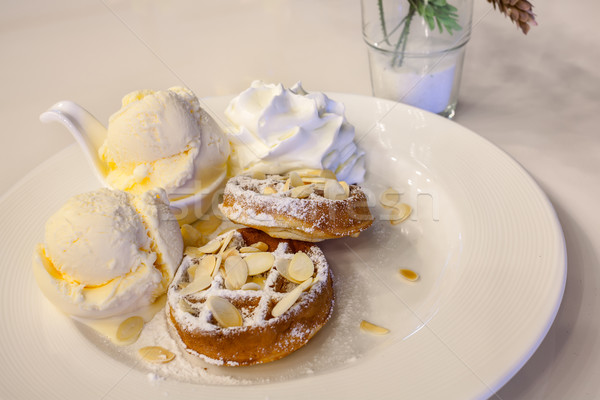 waffle with ice cream, chocolate and vanilla on white plate Stock photo © FrameAngel