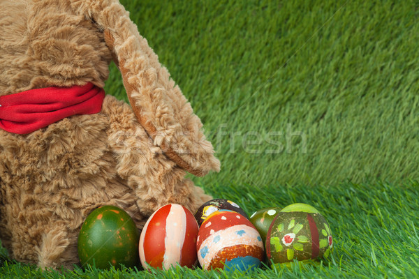 Conejo sentarse hierba verde grupo colorido huevos Foto stock © FrameAngel