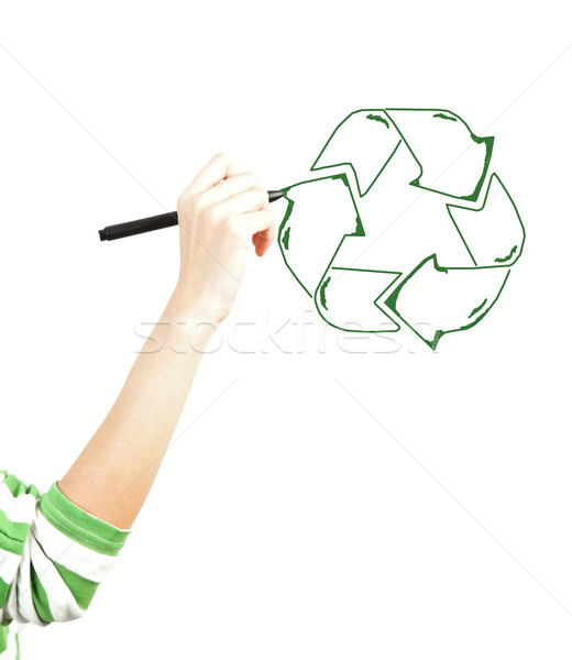 Hand trekken recycleren recycling teken witte Stockfoto © FrameAngel