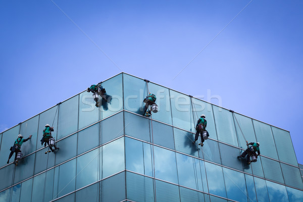 Foto stock: Grupo · trabajadores · limpieza · Windows · servicio · alto