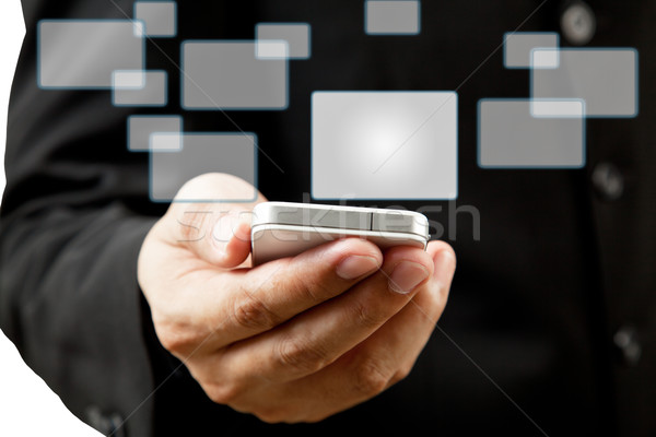 Empresario teléfono móvil botón social neto Foto stock © FrameAngel