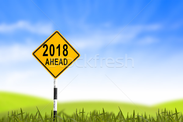 Stockfoto: Verkeersbord · grasveld · nieuwjaar · blauwe · hemel · kan · wolken
