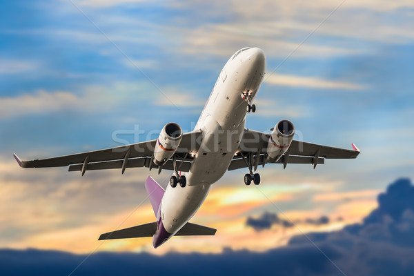 Passenger business airplane take off and flying in blue sky suns Stock photo © FrameAngel