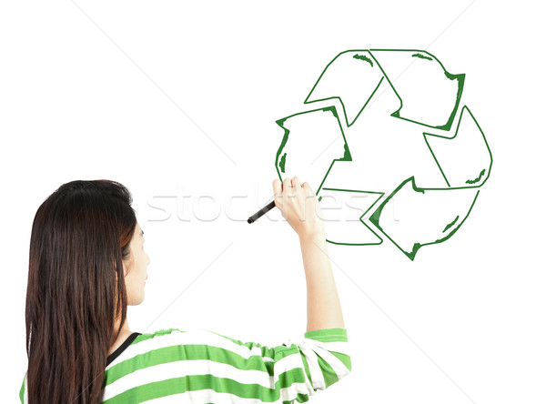 Kobieta zwrócić recyklingu recyklingu podpisania biały Zdjęcia stock © FrameAngel