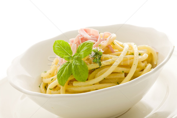 Stock photo: Pasta with sour cream and ham Isolated