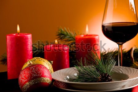 Stok fotoğraf: Dekore · edilmiş · Noel · tablo · fotoğraf · ahşap · masa · süsler