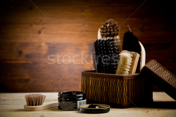 Stock fotó: Cipő · szerszámok · fotó · különböző · fa · asztal · használt