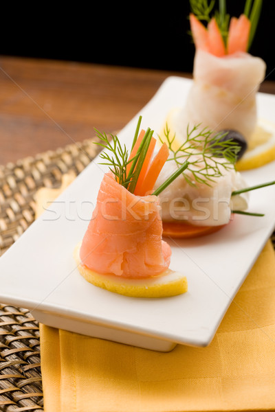 Stock fotó: Hal · tekercsek · fotó · finom · lazac · paradicsomok