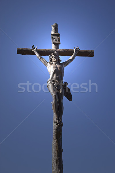 [[stock_photo]]: Statue · jesus · christ · croix · ciel · bleu