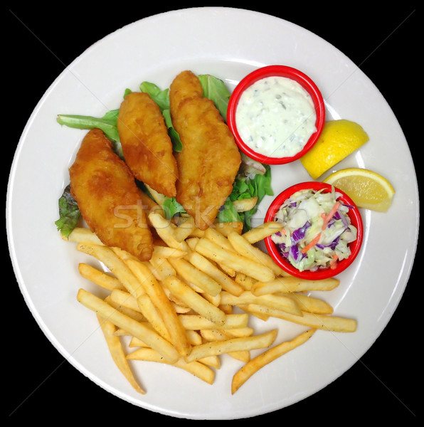 A Plate of Battered Fried Fish Fillets with French Fries, Tartar Sauce and Cole Slaw Stock photo © Frankljr