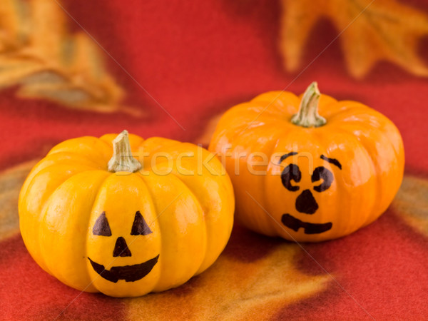 Mini Pumpkins with Funny Faces on a Red Autumn Cloth Background Stock photo © Frankljr