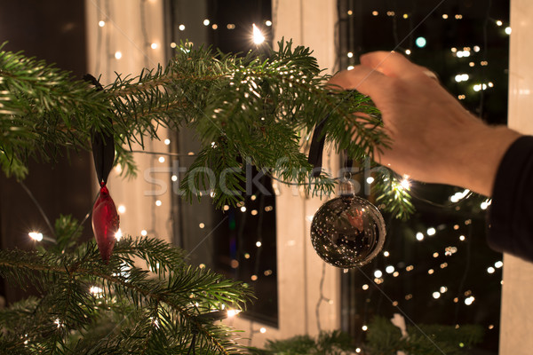 Kerstboom jonge man kerstmis decoratie groene Stockfoto © franky242
