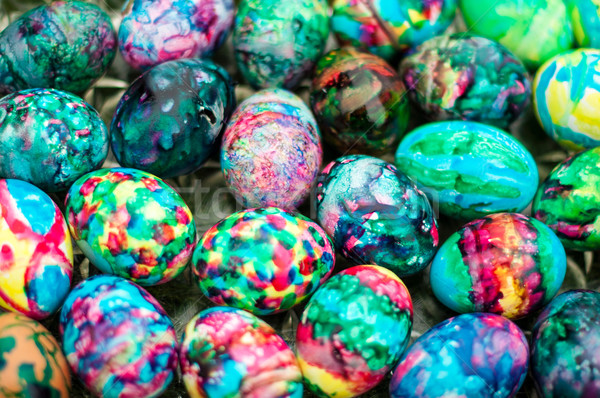 Húsvéti tojások közelkép sokszínű tálca étel fű Stock fotó © franky242